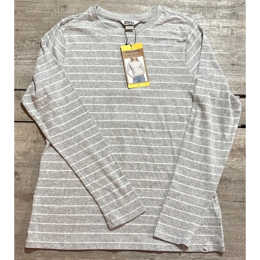 Eddie Bauer Long Sleeve Tee Womens M Gray White Striped T-Shirt NWT